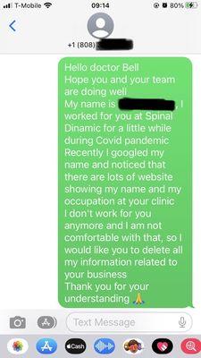 This is my first text message to doctor Bell I politely asked him to delete my info