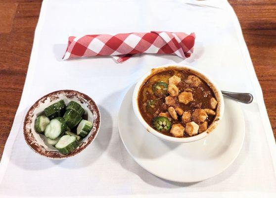 Ted's famous Bison chili along with the gratis side of pickle slices.