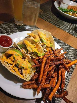 Shrimp tacos BUT WAIT ... Substituted with baked walleye  - absolutely heavenly along with the crispiest sweet potato tacos