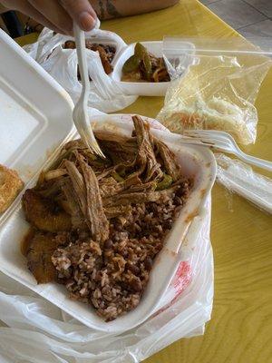 Rice beans, plantains , meat and the best cheese ever