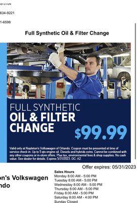 Oil special service on Napleton Volkswagen Website