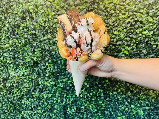 Our famous bubble waffle cones! A delicious, fresh bubble waffle with Farr's ice cream of your choice and various toppings. Don't miss out!