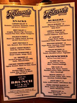 Menu, burgers, bar fare