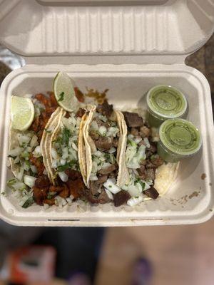 4 street tacos: adobada (left) + asada (right)