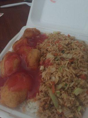 Sweet and sour chicken with chicken fried rice.