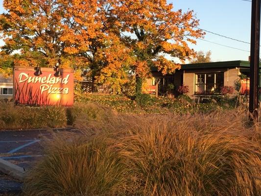 A fall view of Duneland Pizza from the road