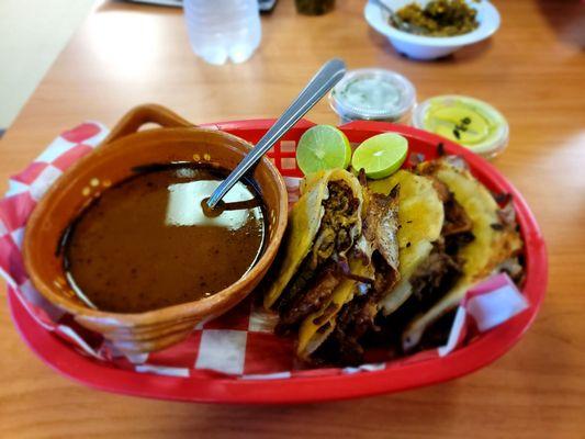 Quesabirria tacos and consomme dipping space.  Perfectly executed birria.