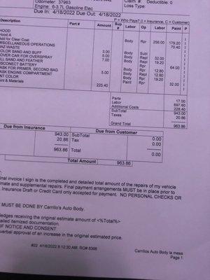 Receipt  of paint work after paying Happy Cow destructive car wash