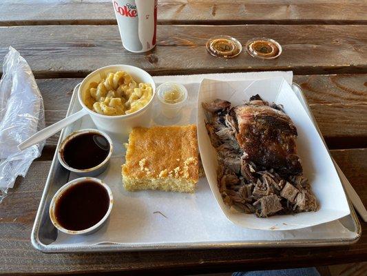 3 Meat Combo Plate with brisket, ribs, and pulled pork, with a side of Mac n Cheese