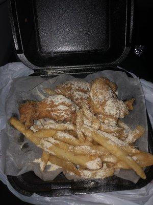 My over seasoned Chicken tenders and fries.