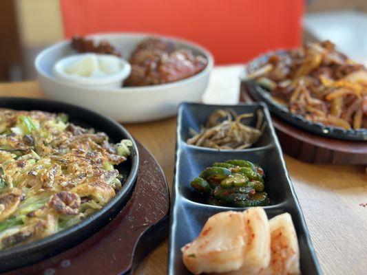 Seafood & Green Onion Pancake, Sweet & Spicy Sticky Party Wings, Spicy Pork and Banchan