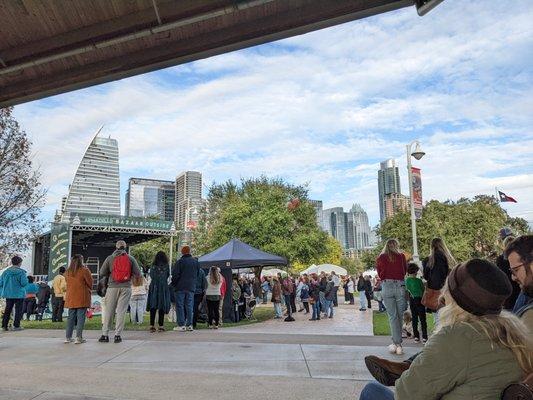 People listening to Ruthie Foster perform live. The downtown skyline of Austin visible in the background.