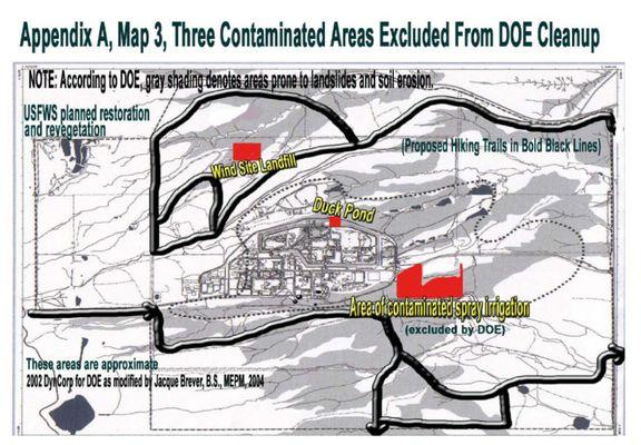 Plutonium contamination areas excluded from the DOE cleanup on the Rocky Flats Wildlife Refuge near the public trails.