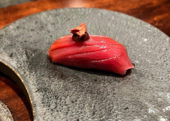 Akami- lean bluefin tuna topped with freeze dried strawberry