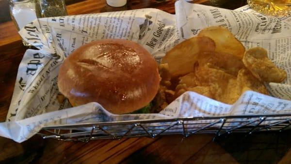 Half pound burger, cooked to order, hand pattied, with homemade chips