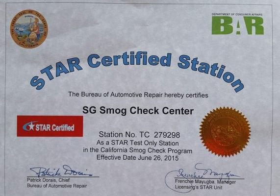 STAR CERTIFIED STATION. We can Certify ALL cars with these following:
 Hybrid, Out of state, Gross Polluter, RV's, and Change of Ownership.