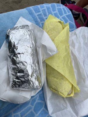 La Perla Steak and Eggs with potatoes cheese and double guac in the foil on the left. (Los dos on the right, same ingredients)