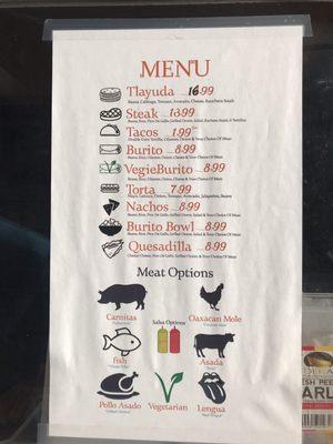 Menu as of 2/5/2019