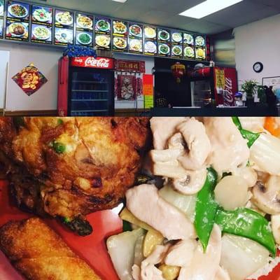 Moo goo gai pan, vegetable egg foo young, and pork egg roll - all excellent!