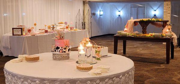 Cake, appetizers dessert table.