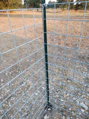 T-post used as corner post for 2, 20ft hog wire panels. Wired together with very thin wire and  t-post clip. Insufficient, uneven support.