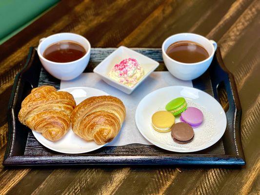 French hot chocolate with croissants to dip and macarons to finish.