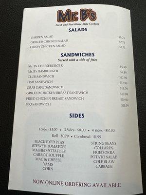 Sandwiches and sides menu