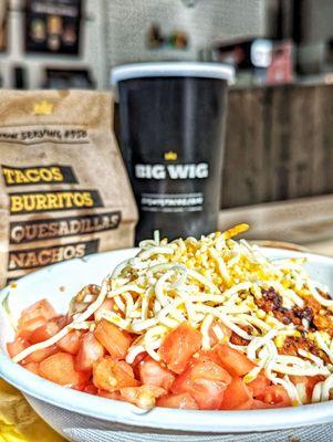 Chorizo burrito bowl, chips & salsa, jamaica