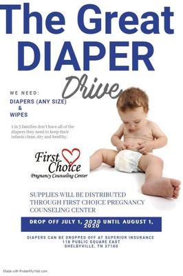 We are hosting a Diaper And Wipes Drive to Benefit First Choice Pregnancy Counseling Center