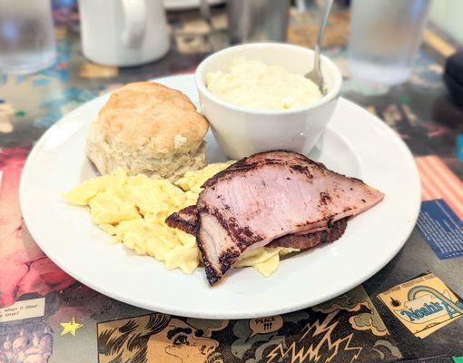 Eggs with ham, biscuit & grits