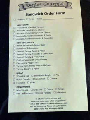 Menu order form