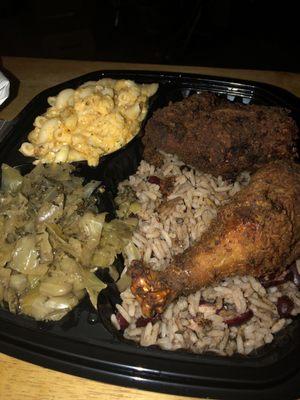 "Large" fried chicken with rice&peas, cabbage, and mac&cheese