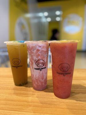 Passionfruit mango tea, strawberry milk tea and strawberry lemon with lychee jelly