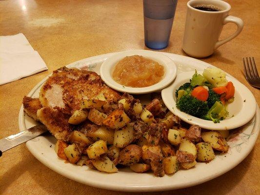 Breaded Pork Chop dinner. Comes with a fresh salad and a roll. 2-6 oz. Chops. Did I mention the portions are big?