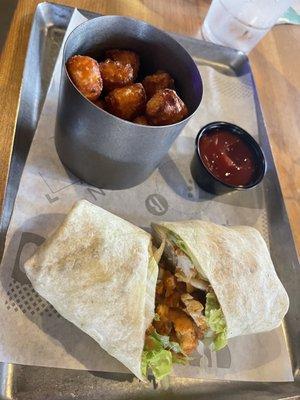 Buffalo Chicken Wrap with Sweet Potato Tots