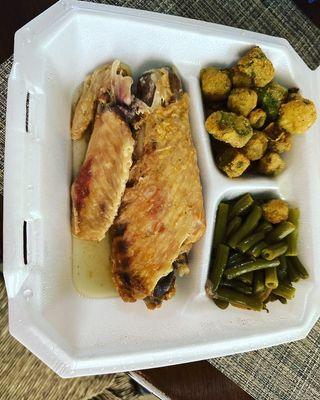 Turkey wing, fried okra and green beans