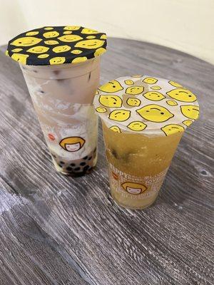 D5 boba milk tea with puff cream, E10 kumquat lemon green tea