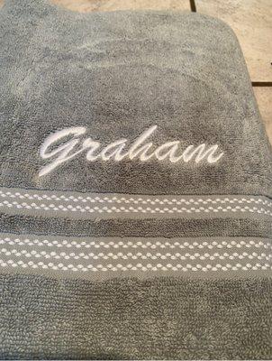 "Graham" embroidered on a set of towels (purchased elsewhere).