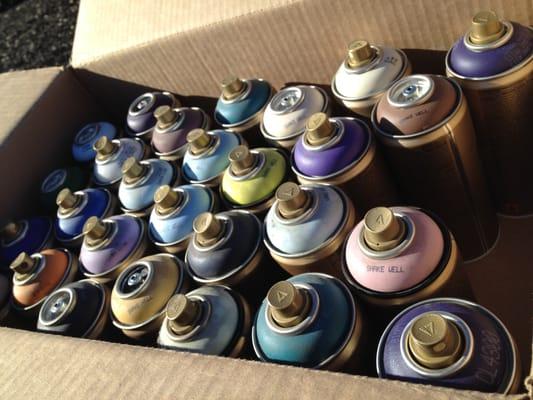 Lots of spray paint from Montana, MTN, ALIEN, Plutonium, and Liquitex available at NVAS!