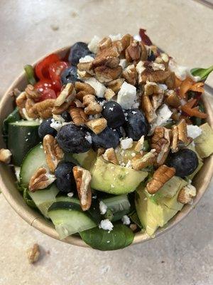 Fresh fruit & Veggies salad with baby spinach , feta and pecans. Homemade vibegarette