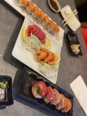 Top: Sunshine Roll Middle: Tuna and Salmon Sashimi Bottom: Ex Ex-Girlfriend Roll