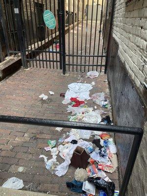 This is one of our building exits to the street, only cleaned up after city was called. Biohazard needles in this pile.