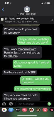 Screenshot of conversation with internet sales associate as well as with internet sales manager.