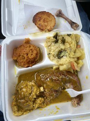 Baked Chicken & Dressing (Dark) with sweet potato soufflé, and cabbage.