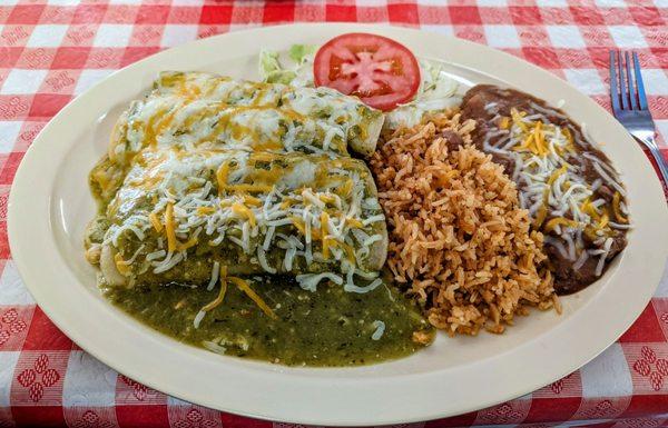 Chicken enchilada plate with Verde sauce