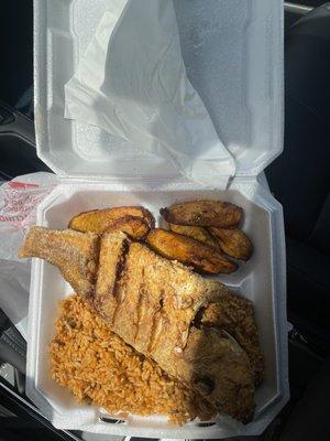 Red snapper and peas and rice and plantain