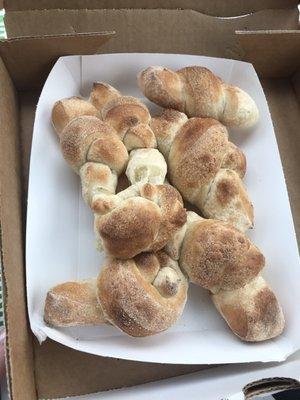 Unseasoned garlic knots. With no sauce.