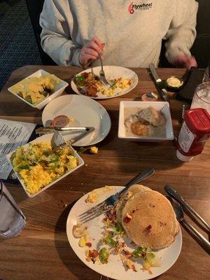 Loaded scrambled eggs, loaded crispy red potatoes, pancakes, biscuits and gravy