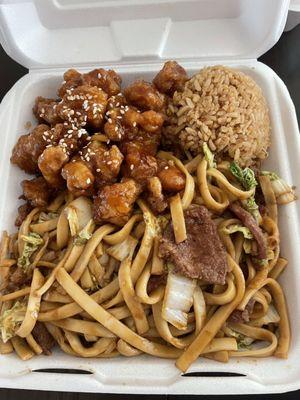 Beef lo mein and sweet and sour Chicken