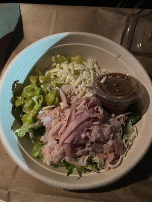 My hook and ladder salad as you see the meat options are very thinly sliced and I added pepperocinis  too.